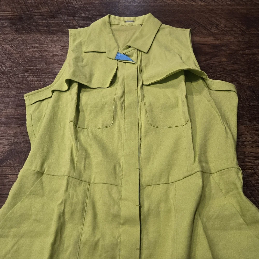 Elie Tahari Gianna Shirt Dress Chartreuse Neon Green Linen Preppy Pockets Casual - Picture 3 of 13